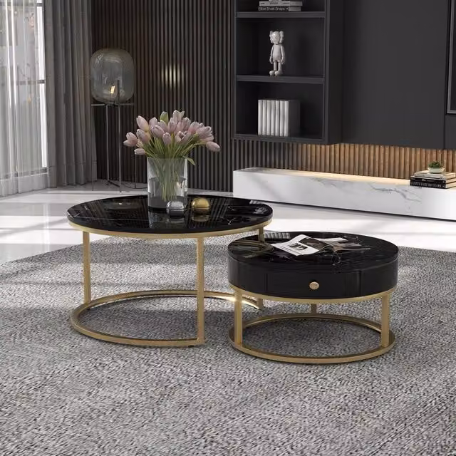 Rolipo Set of 2 Round Nesting Coffee Tables with Black Marble Effect Tops and Gold Metal Frames