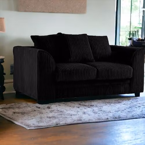 Bliss Furniture Black Jumbo Cord 2-Seater Scatter Back Sofa with Removable Covers and Solid Wood Frame – 2