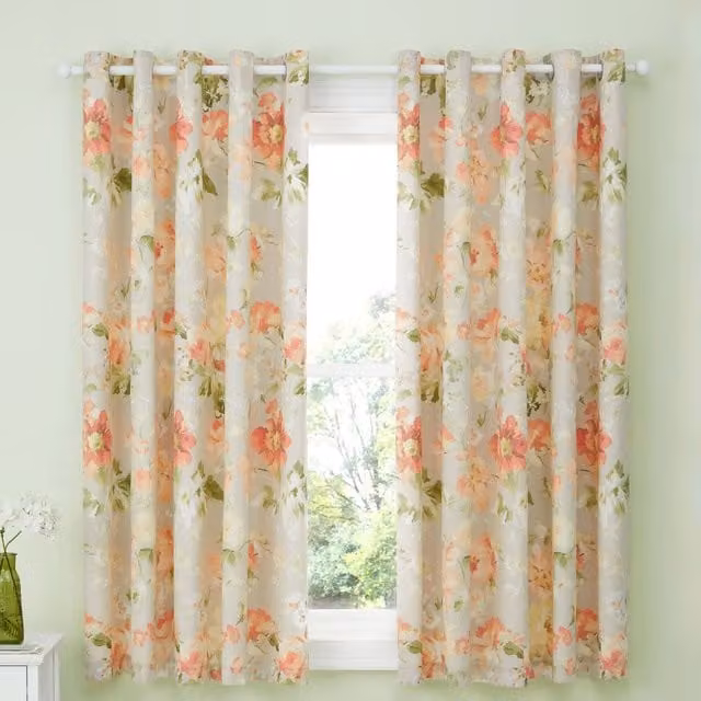 Dreams & Drapes Heritage Florette Eyelet Curtains, Natural Floral Design, 2 Lined Panels