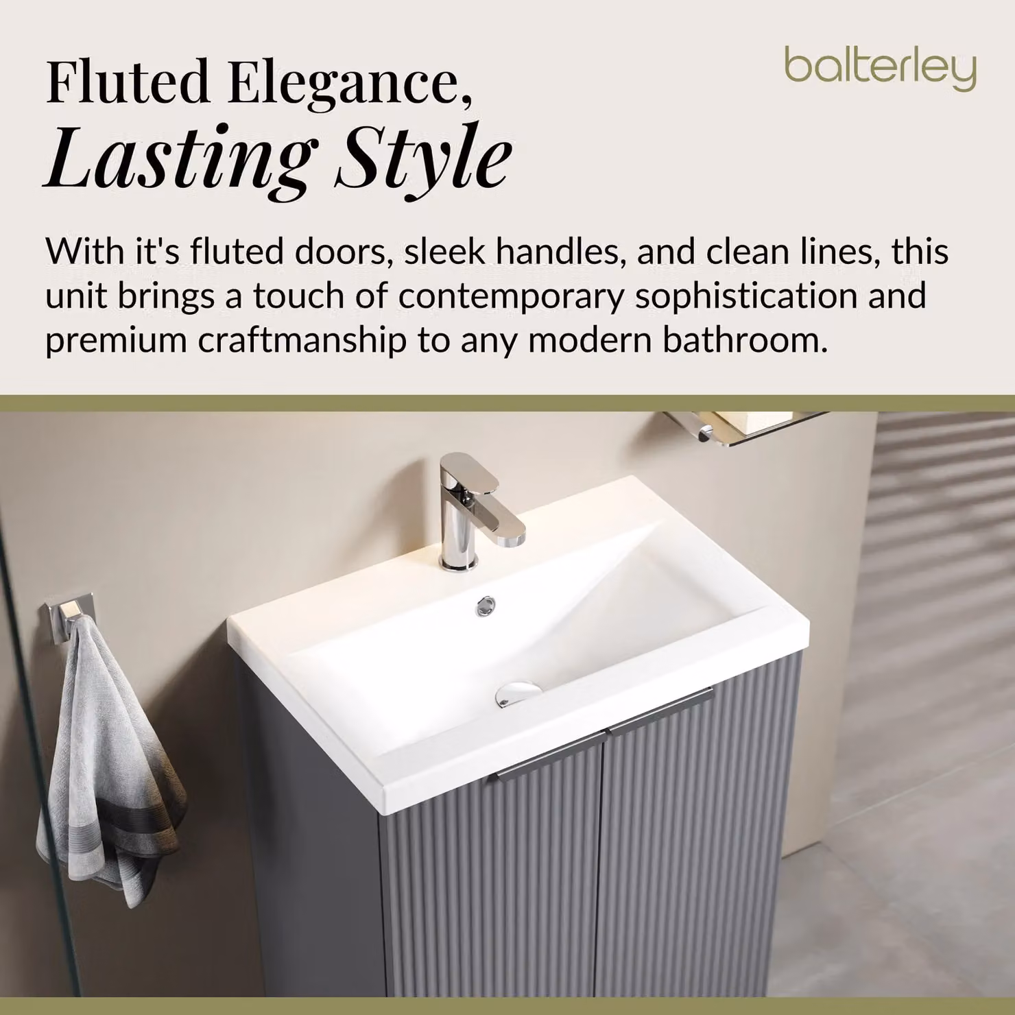 Balterley Fluted Front Floor Standing 2 Door Vanity Basin Unit, Satin Grey, W: 60 cm, H: 85 cm – 3