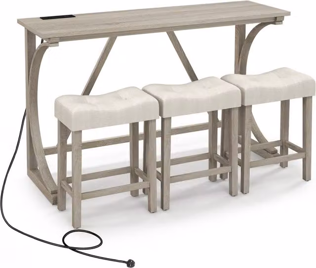 Costway 4-Piece Grey Rustic Wood Bar Table Set with Power Outlet and Counter Height Bistro Table