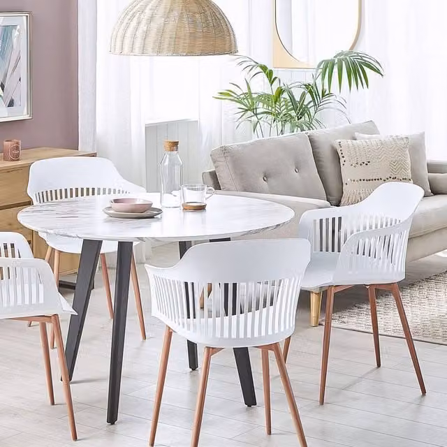 Wyld and Coco Set of 2 White Synthetic Leather Dining Chairs with Open Work Back and Light Wood Finish – 1