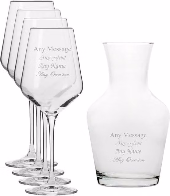 Uniqueful Personalised Set of 4 Infinity Wine Glasses and 500ml Vin Carafe in Clear Glass