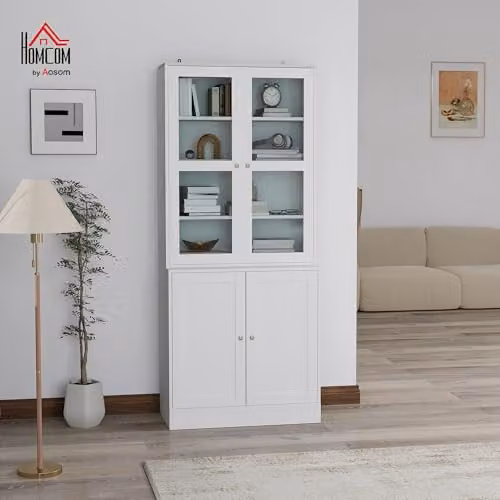 HOMCOM Modern White Bookcase with Glass Doors and Internal Shelves, H 178.5 x W 76.0 x D 40.0 cm – 2