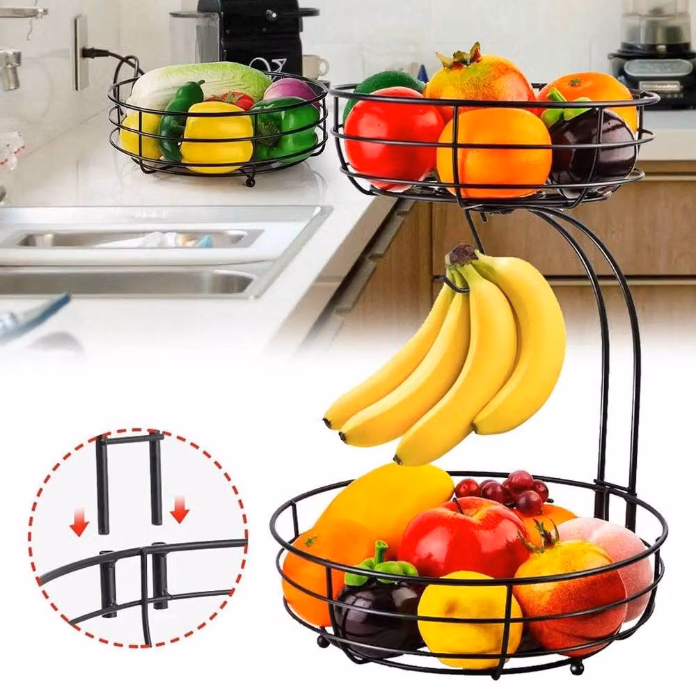 FLAVORA 2 Tier Metal Fruit Basket Stand with Banana Hanger in Black – 3