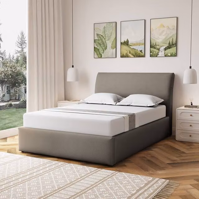 Artemis Home Bethany Upholstered Fabric Double Ottoman Bed Frame with Storage in Light Brown
