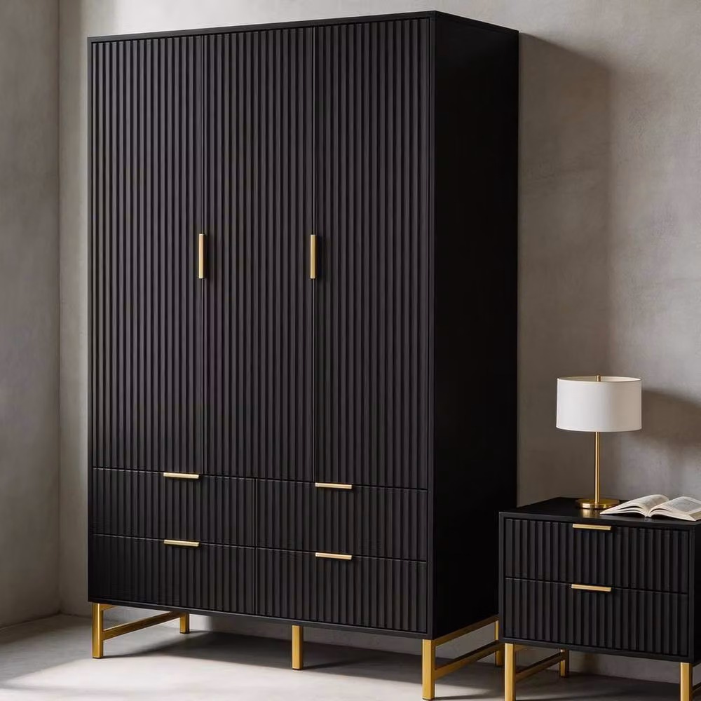 FURNITURE ONE Modern 3-Door Wardrobe Cabinet with 4 Integrated Drawers in Matt Black and Gold – 3
