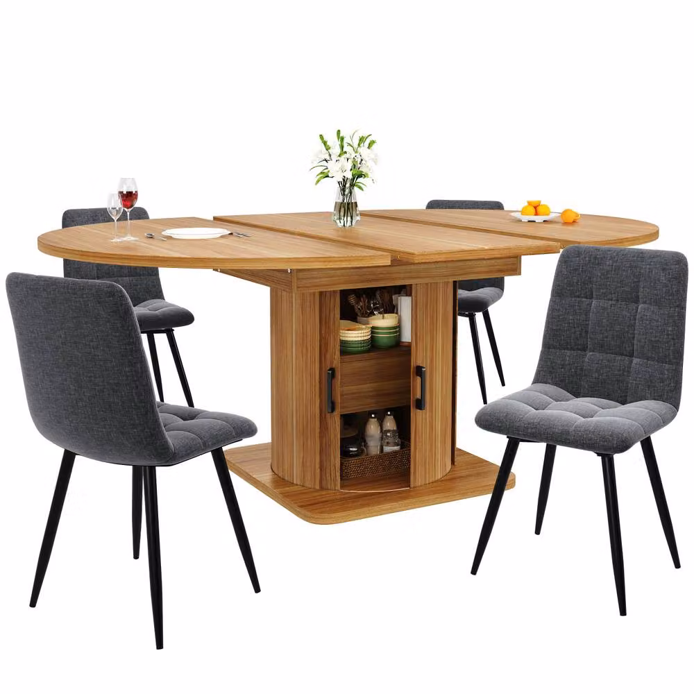 Merax Extendable Round to Oval Wooden Dining Table with Storage Drawer in Brown – 1