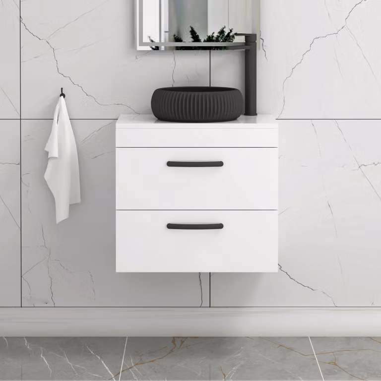 Royal Bathrooms Turin 800mm Wall Hung Vanity Unit with 2 Drawers and Milan Black Countertop Basin in Gloss White