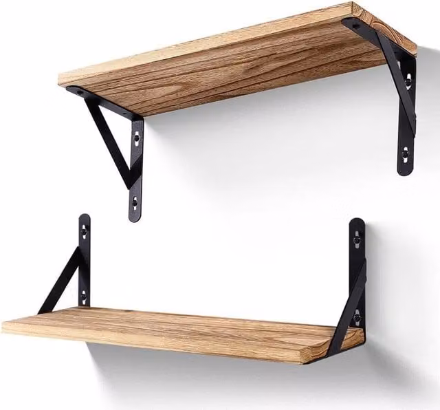 VOGREX Set of 2 Rustic Industrial Wooden Wall Mounted Floating Shelves in Beige