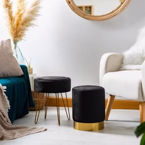 Harbour Housewares Modern Cylindrical Velvet Footstool in Black with Gold Metal Legs, H41 x D45 cm – 3