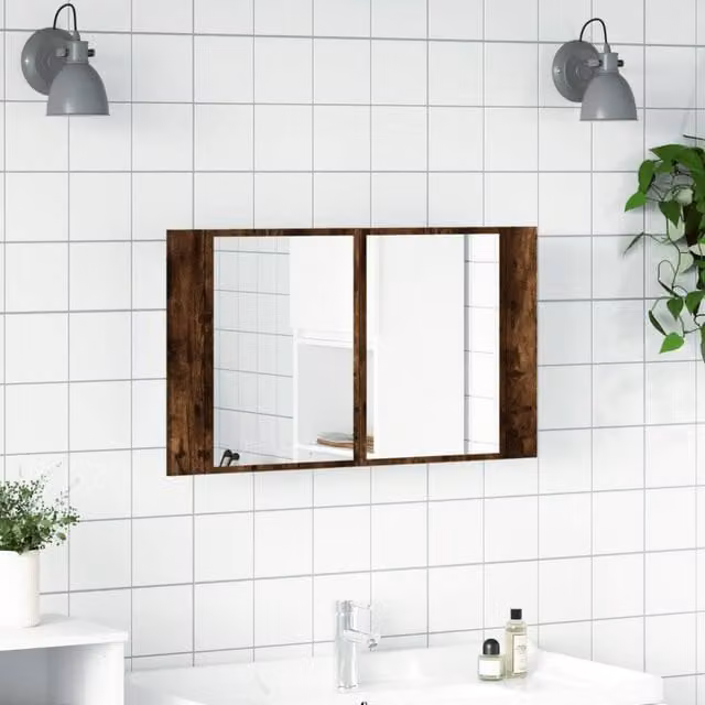 Berkfield Home LED Bathroom Mirror Cabinet in Smoked Oak Brown, W/D/H: 80 x 12 x 45 cm
