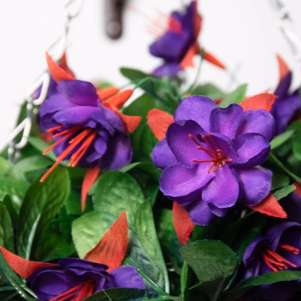 Primrose Artificial Fuchsia Flowers in a Purple and Green Rattan Hanging Basket, Diameter: 25 cm – 4