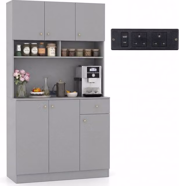 Costway Grey Modern Tall Kitchen Cupboard Buffet Pantry Storage Cabinet with USB Ports – 1