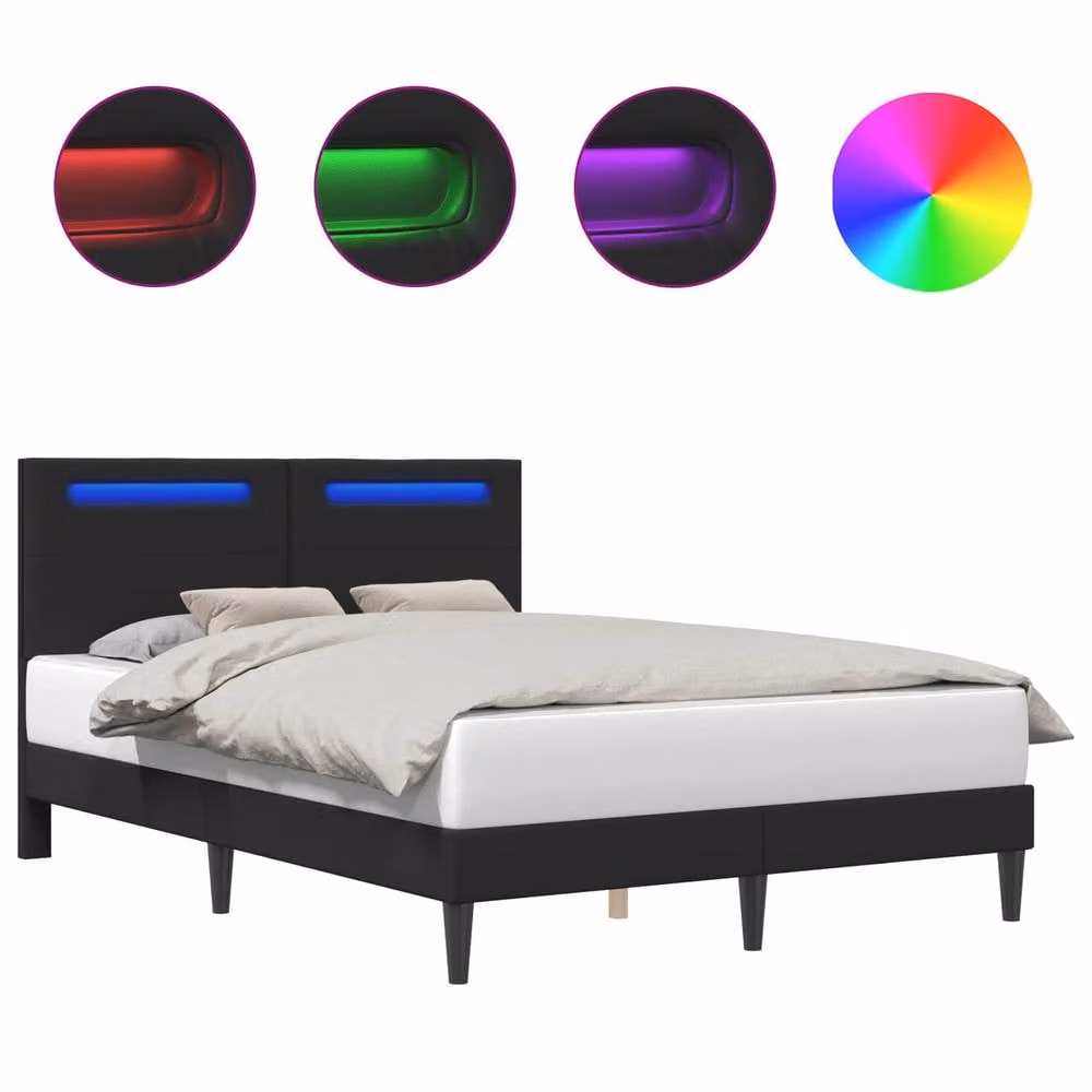 Berkfield Home Black Faux Leather Bed Frame with LED Strip Lights and USB Charging Port, W: 135 cm, L: 190 cm – 2