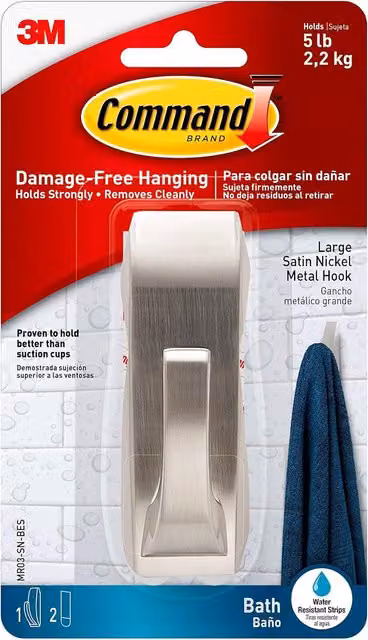 3M Command Modern Reflections Medium Metal Bath Hook in Satin Nickel Silver – 4