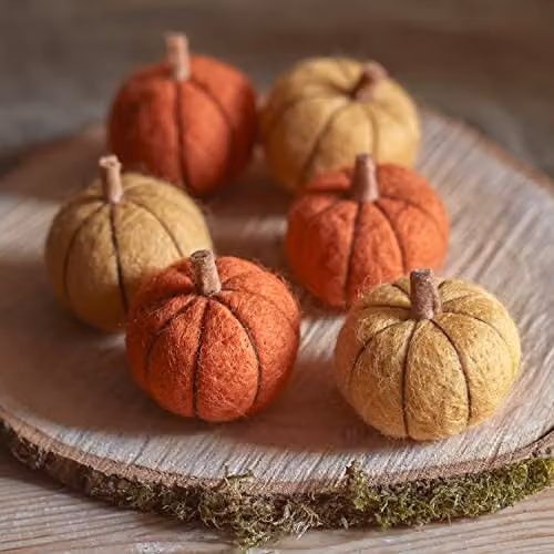 Lights4fun Set of 6 Wool Pumpkin Tabletop Decorations in Orange and Yellow – 2