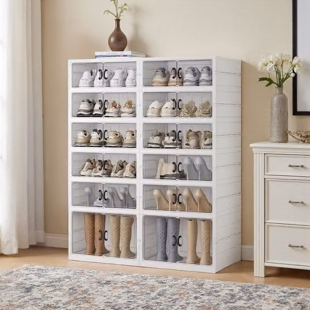 Lifeideas Foldable Shoe Cabinet with Tall Bottom Box, Transparent and White, Height: 118 cm