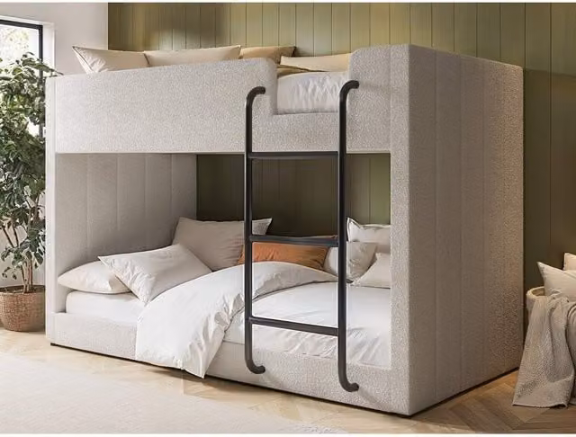 Flair Eden Modern Upholstered Bunk Bed in Beige and White Velvet Fabric