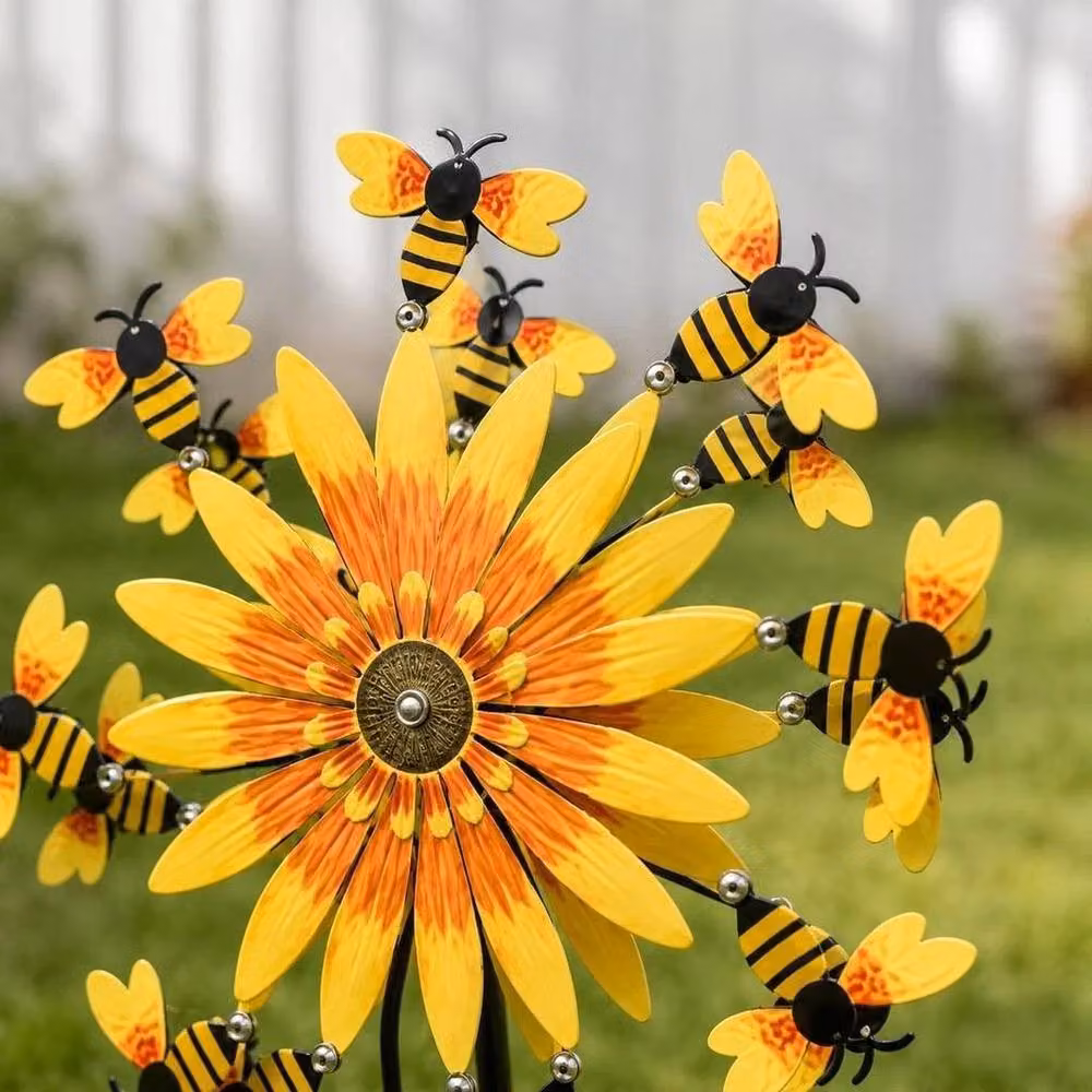 FLAVORA Bee and Sunflower Metal Garden Spinner with Spike in Yellow – 6