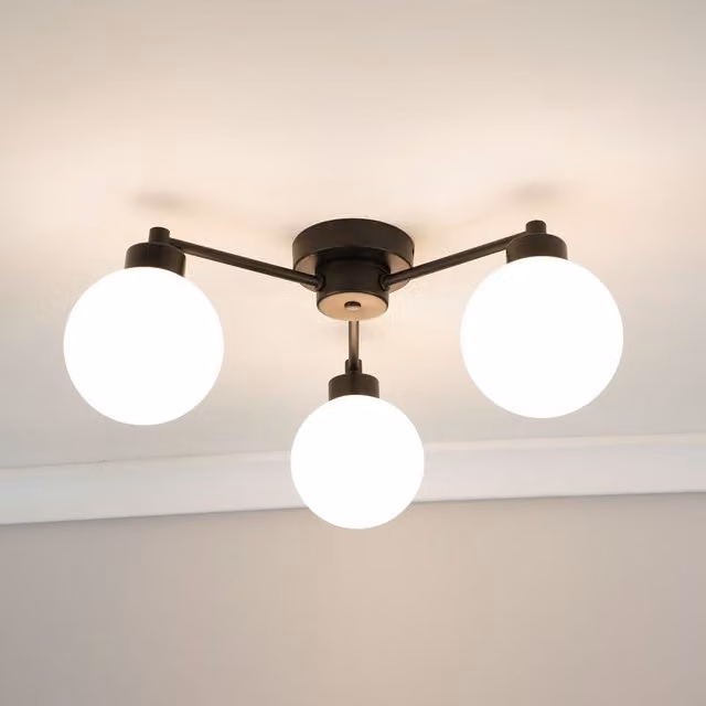 ValueLights Jonah 3 Arm Black Ceiling Light with Glass Globe Shades and LED Bulbs