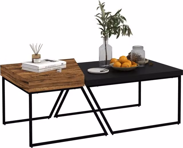 HOMCOM Set of 2 Industrial Geometric Coffee Tables with Black Steel Frame and Wood Tops