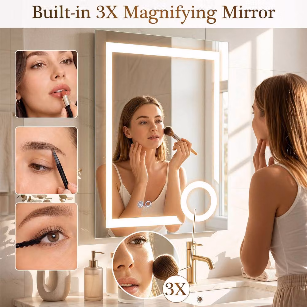 Costway 3X Magnifying Vertical Bathroom Mirror with Dimmable LED Light, Silver – 3