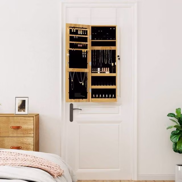 Berkfield Home Mirror Jewellery Cabinet with LED Lights, Wall Mounted, Brown, H 90.0 x W 31.5 x D 9.0 cm