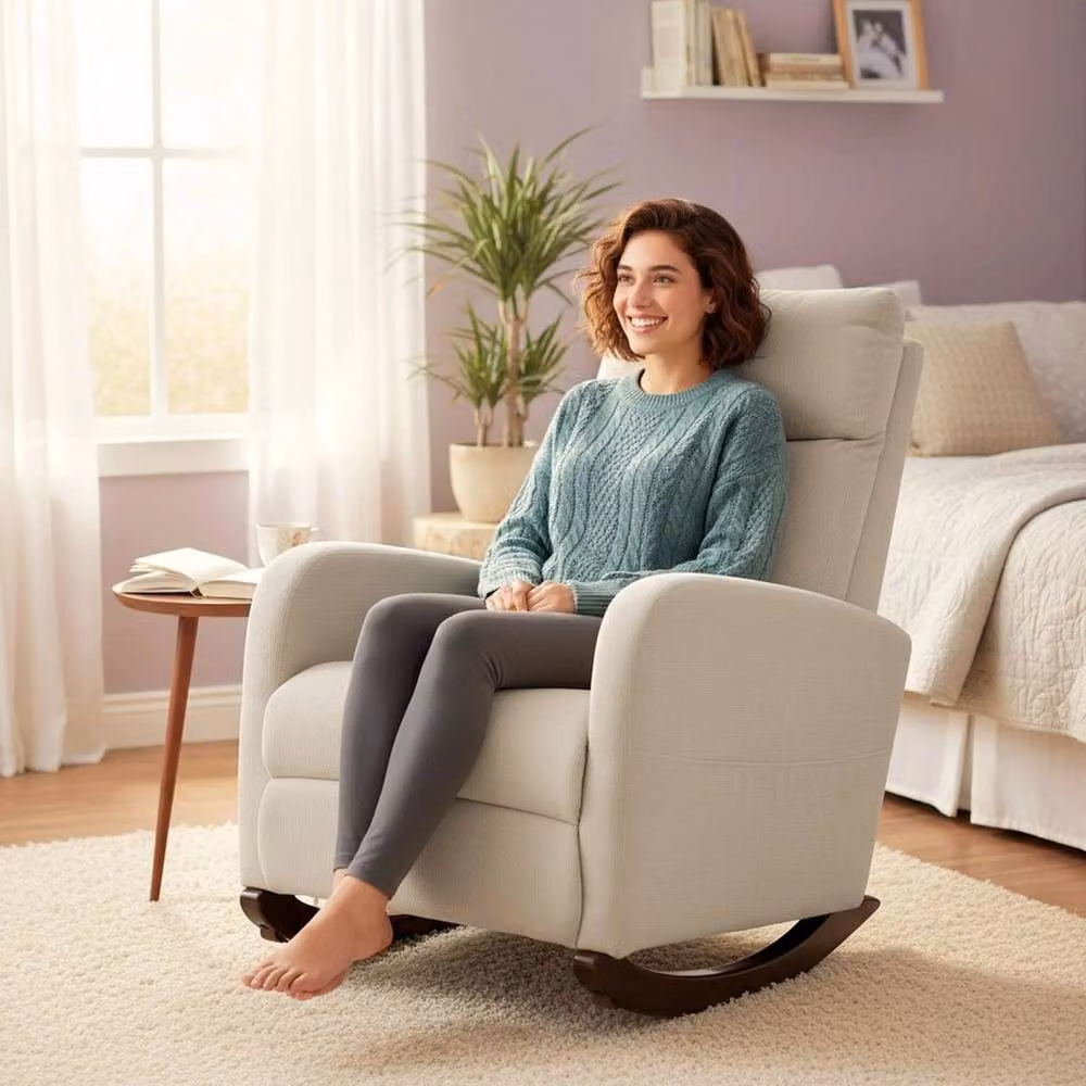 NESTLUNE Modern High Back Corduroy Leisure Rocking Chair in Beige, W/D/H: 100 x 60 x 100 cm – 2