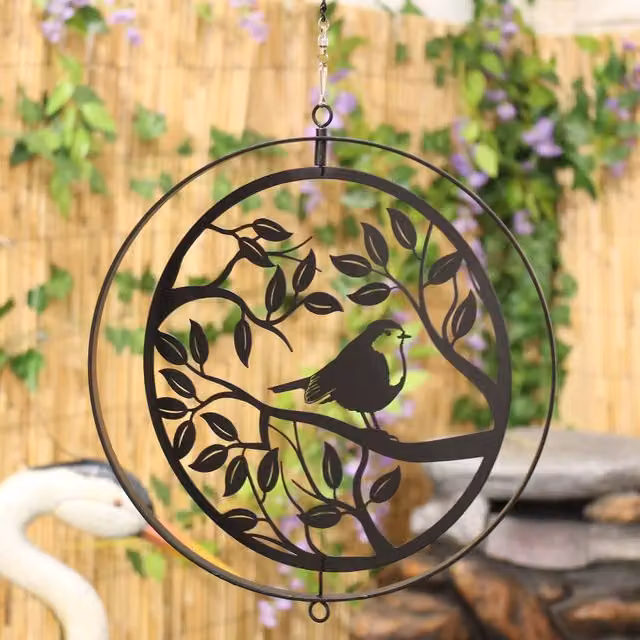 Betley Butterfly Metal Robin in Tree Hanging Silhouette Orbit Spinner in Black and Bronze