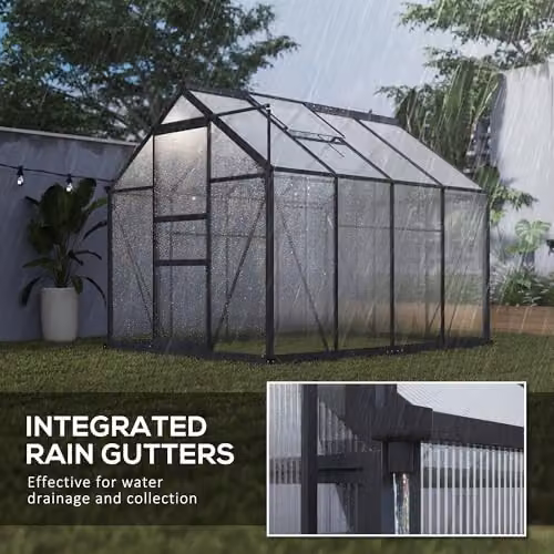 Outsunny Aluminium and Polycarbonate Walk-In Garden Greenhouse with Sliding Door, Grey and Transparent – 5