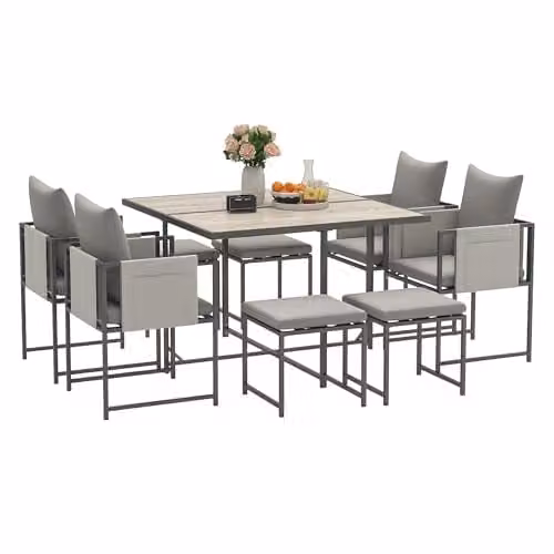 Outsunny 9 Piece Grey Garden Dining Set with 8 Seater Square Plastic Top Table, Chairs and Stools