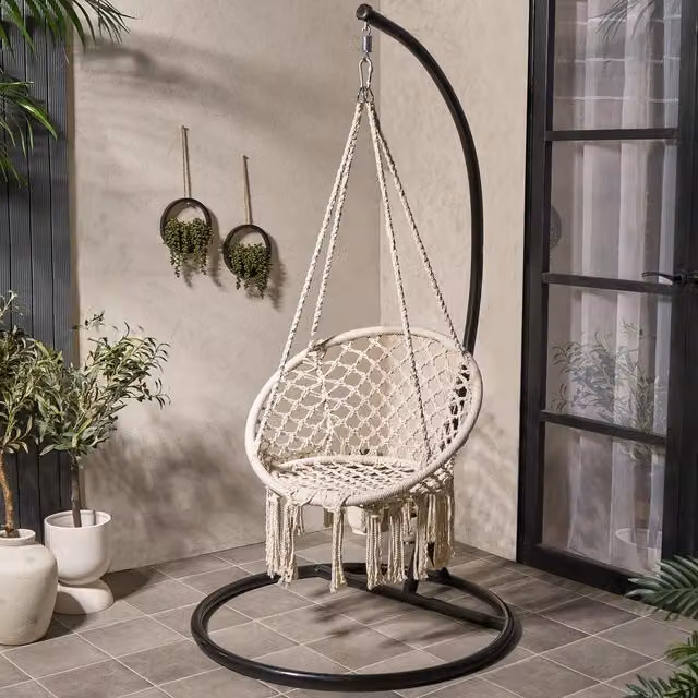 OHS Boho Macrame Hanging Swing Chair in Beige, Yellow and White