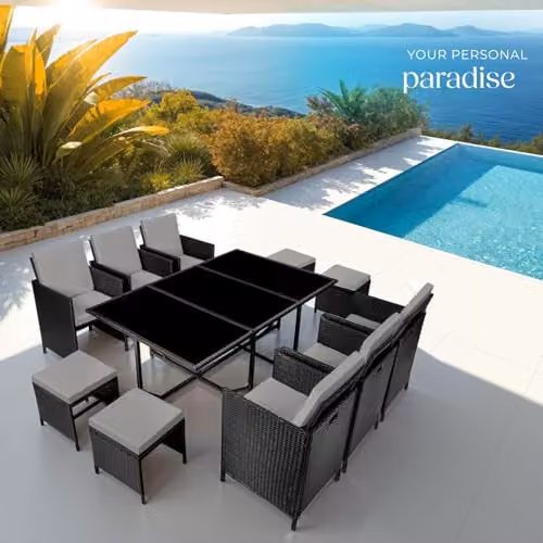 tectake Modern Rattan Garden Furniture Set with Glass Top in Black and Grey – 8