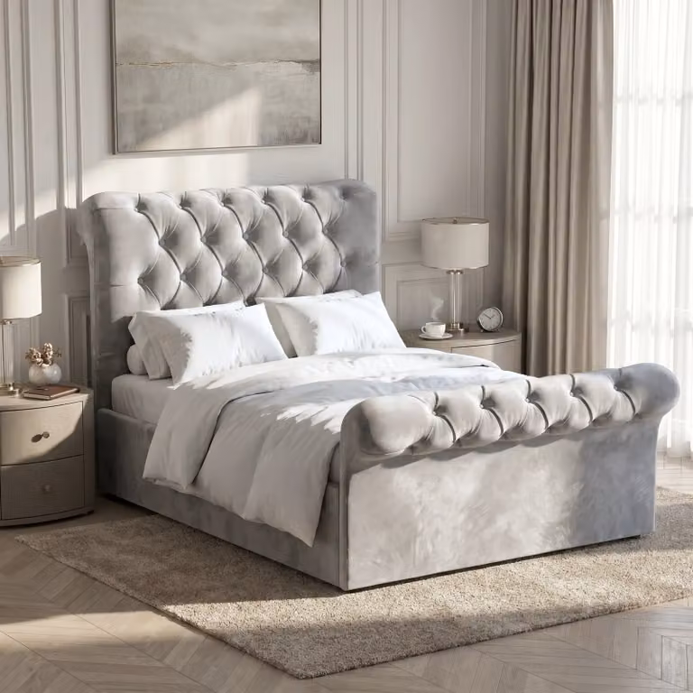 DHS Chesterfield Ottoman Storage Bed Frame with Side Lift Base in Grey Velvet, Small Double (4ft), W/D/H: 120 x 200 cm