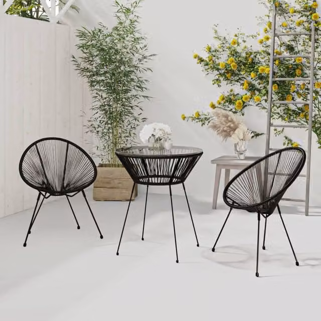 Berkfield Home 3 Piece Modern Outdoor Dining Set in Black PVC Rattan with Glass and Metal Details – 1