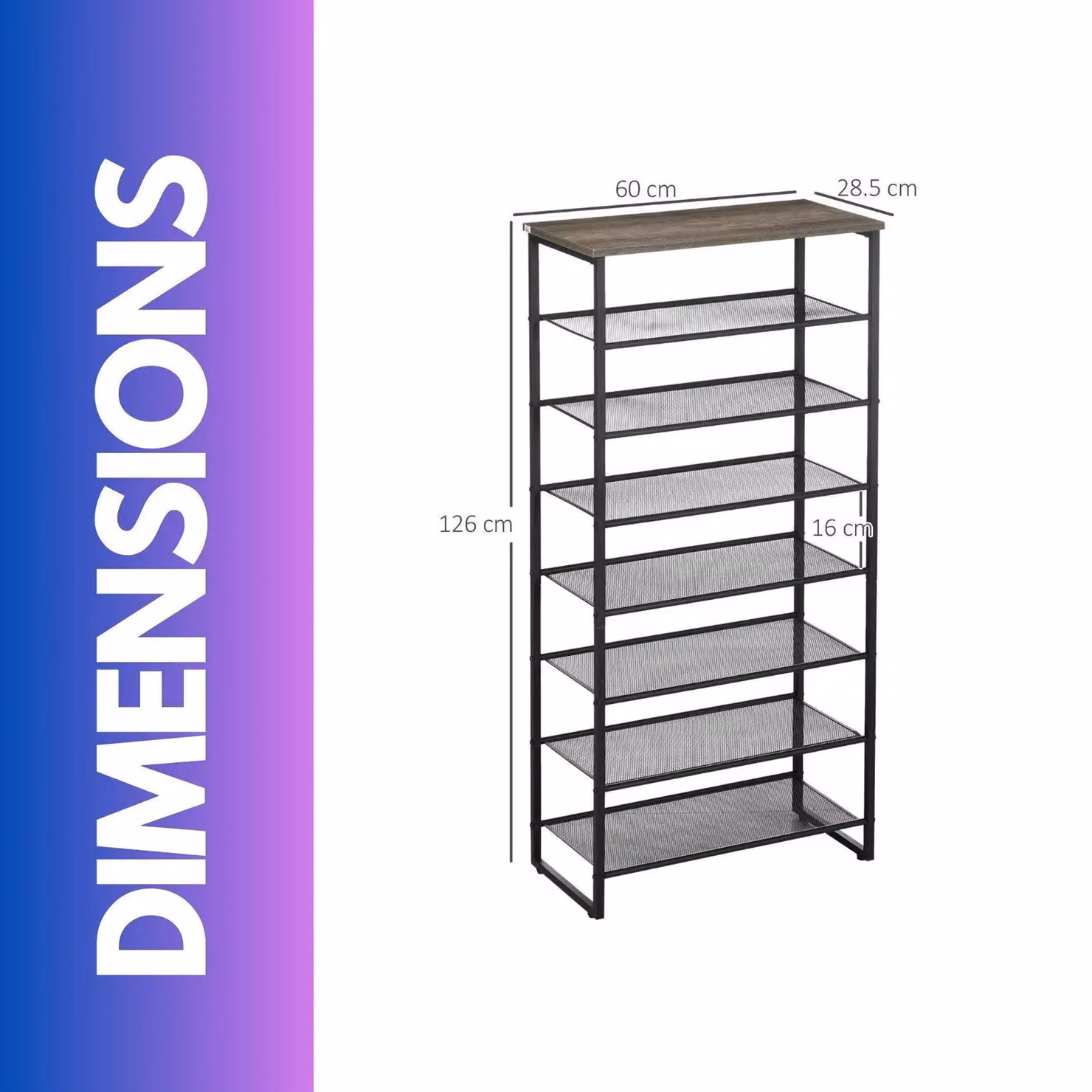 FURNOS 8-Tier Industrial Vertical Metal Shoe Rack with Mesh Shelves in Grey, H 126.0 x W 60.0 x D 28.5 cm – 3