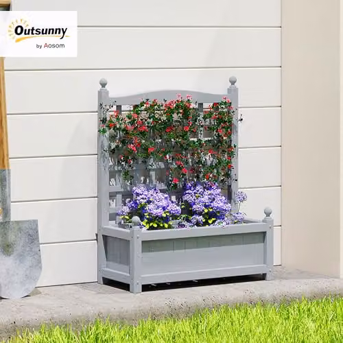 Outsunny Wooden Raised Garden Bed with Trellis, Grey, W: 64 cm, D: 28 cm, H: 75 cm – 2