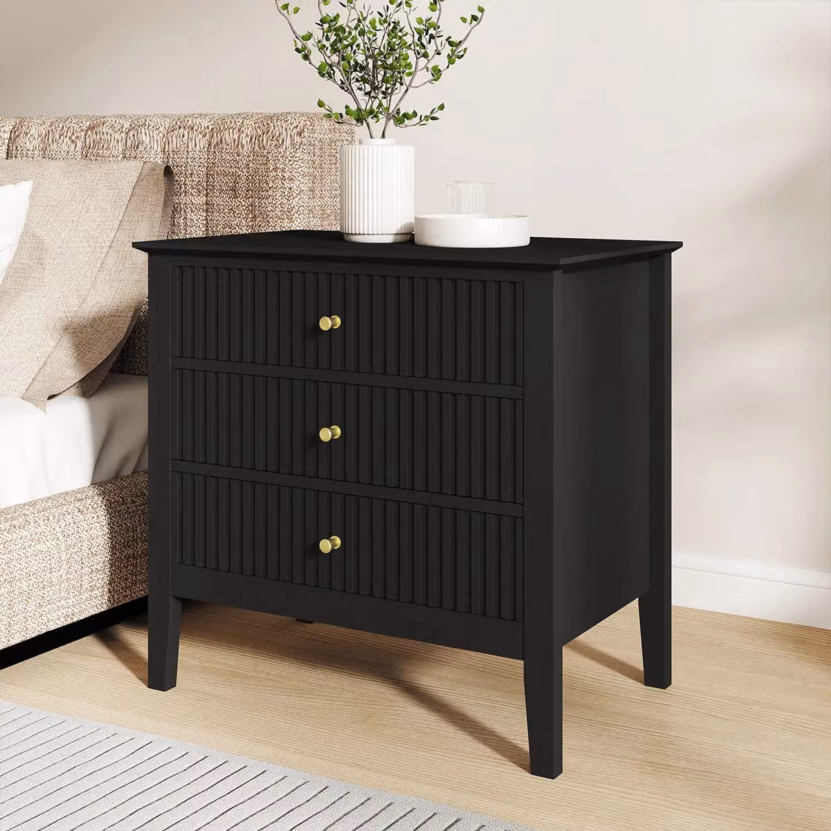 Melody Maison Hales Black Wide 3 Drawer Chest of Drawers and Pair of Large Bedside Tables – 3