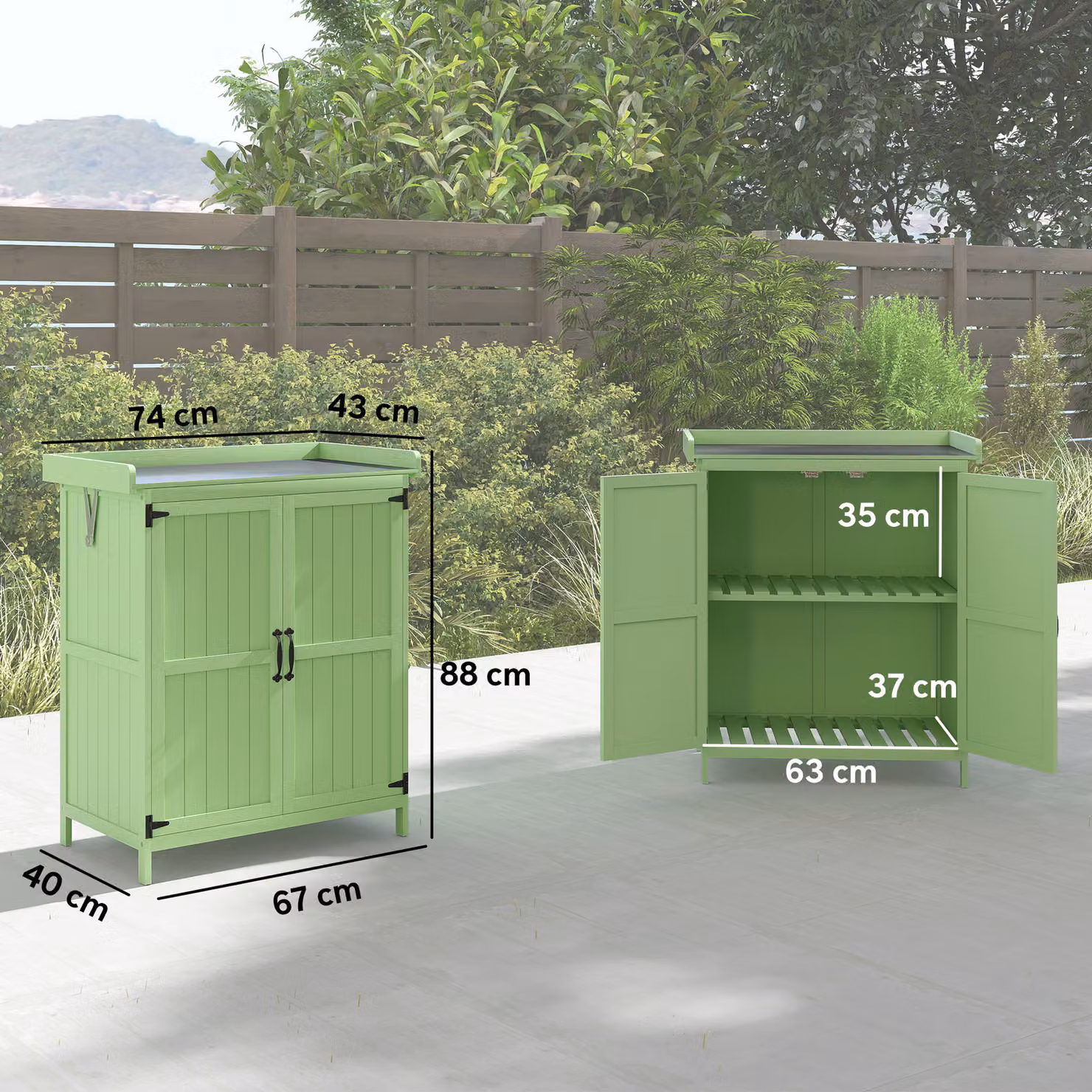 Outsunny Wooden Garden Storage Shed with Double Doors and Internal Shelving, Green, W/D/H: 88.0 x 67.0 x 40.0 cm – 3