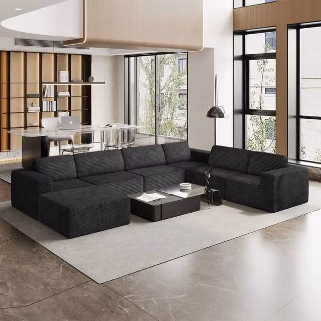 Dprodo Black Corduroy Modular 6 Seater L-Shape Corner Sofa with Matching Ottoman and Removable Covers