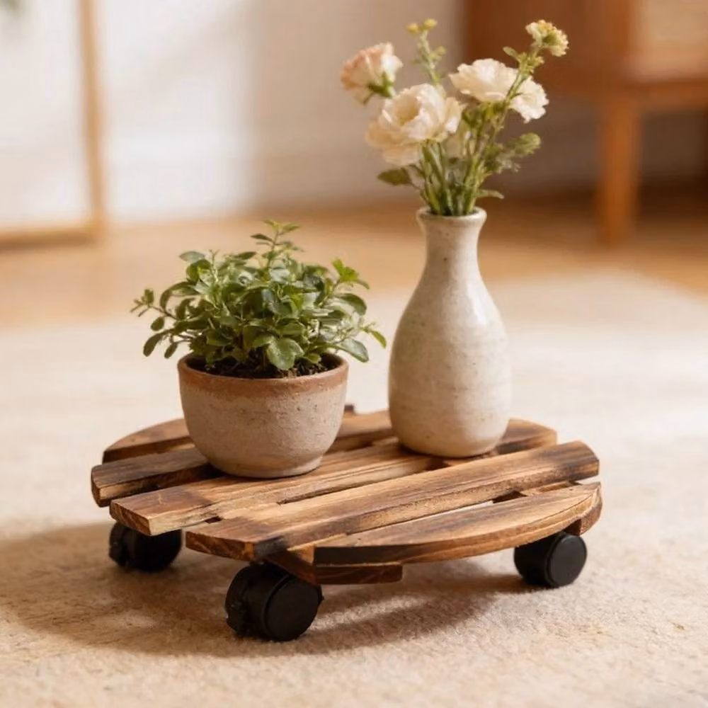 FLAVORA 2 Pack Wood and Steel Plant Caddy Stands in Brown, Diameter: 30.48 cm – 3