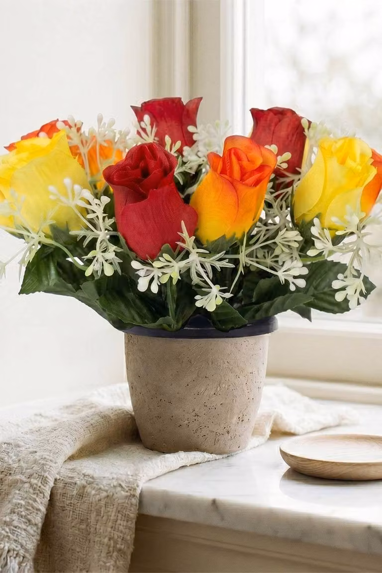 Homescapes Set of 2 Yellow Artificial Rosebud and Mimosa Memorial Gravepots