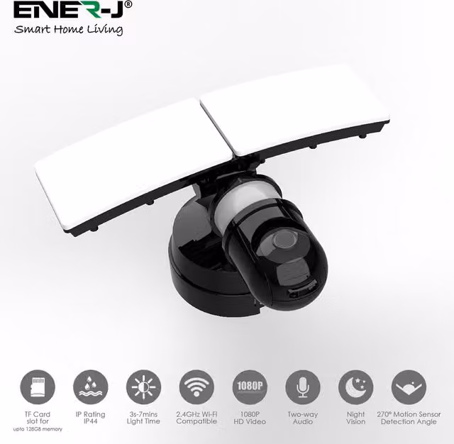 Ener-J Smart WiFi LED Floodlight Security Camera with Motion Sensor, 1080P HD, White