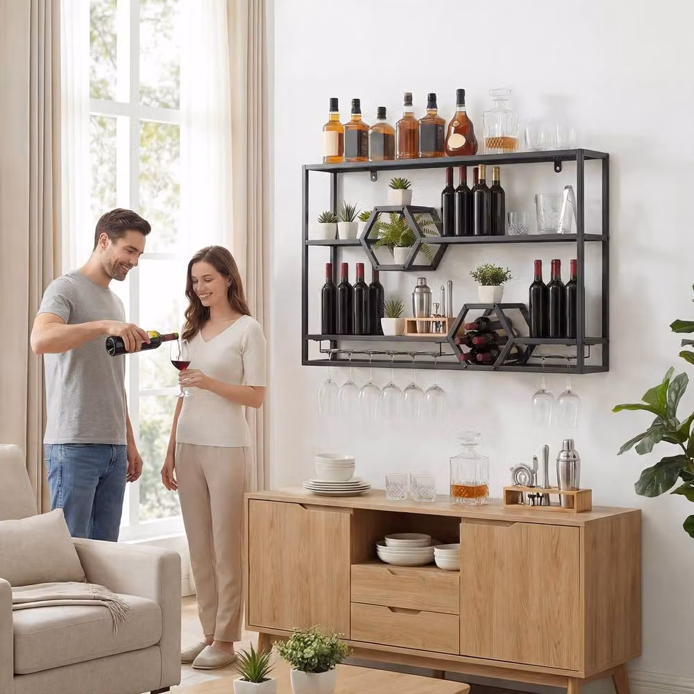 Costway 3 Tier Metal Wall Mounted Wine Rack with Glass Holder in Matt Black – 4