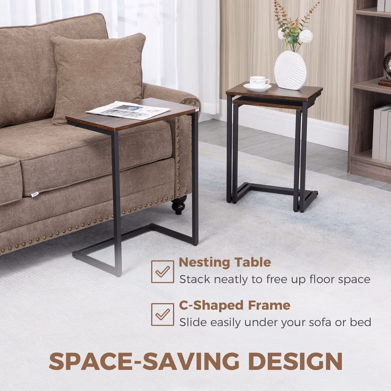 HOMCOM Set of 3 Nesting C-Shaped Side Tables with Steel Frame in Rustic Brown – 5