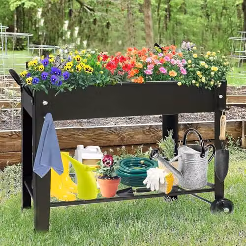 Huhote Metal Raised Garden Bed with Legs and Storage Shelf in Black, W/D/H: 101 x 28 x 80 cm – 8
