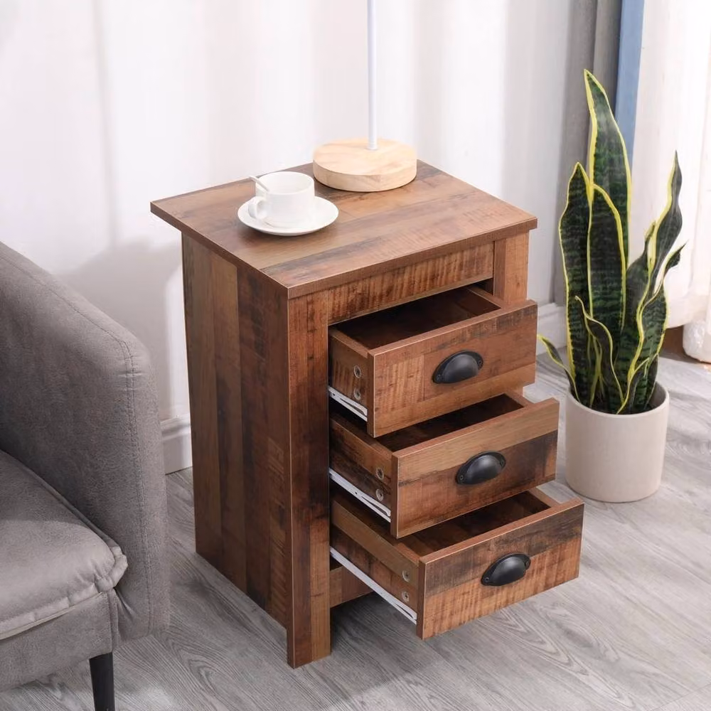 FORGEVIO Rustic Brown Wooden 3 Drawer Bedside Nightstand Cabinet W/D/H: 35 x 40 x 58 cm – 3