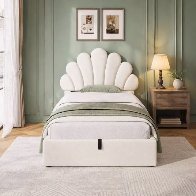 STILVORA Single Upholstered Bed with Hydraulic Storage and Petal Headboard in Beige Velvet Fabric, W/D/H: 90 x 200 cm