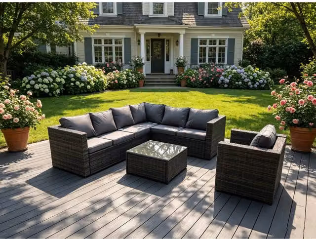 Fimous L-Shape Polyrattan Corner Sofa Set with Square Coffee Table and Upholstered Cushions in Dark Grey